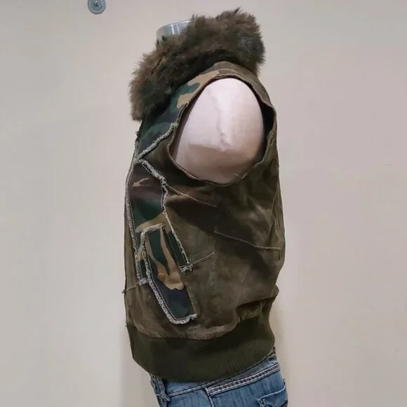 💋BOHO CHIC💋 Stunning Y2K VTG Camo Distressed Genuine Leather Vest - Picture 8 of 16